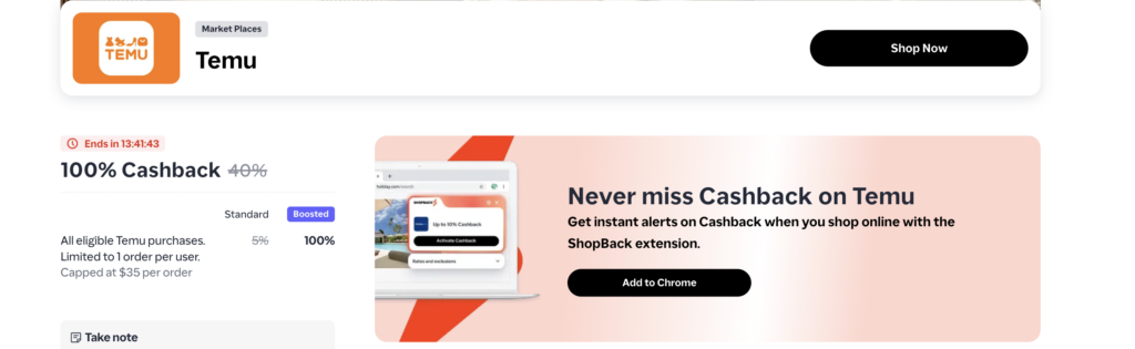 ShopBack: Get 100% Cashback on Temu for New Customers (Up to $100 Back)