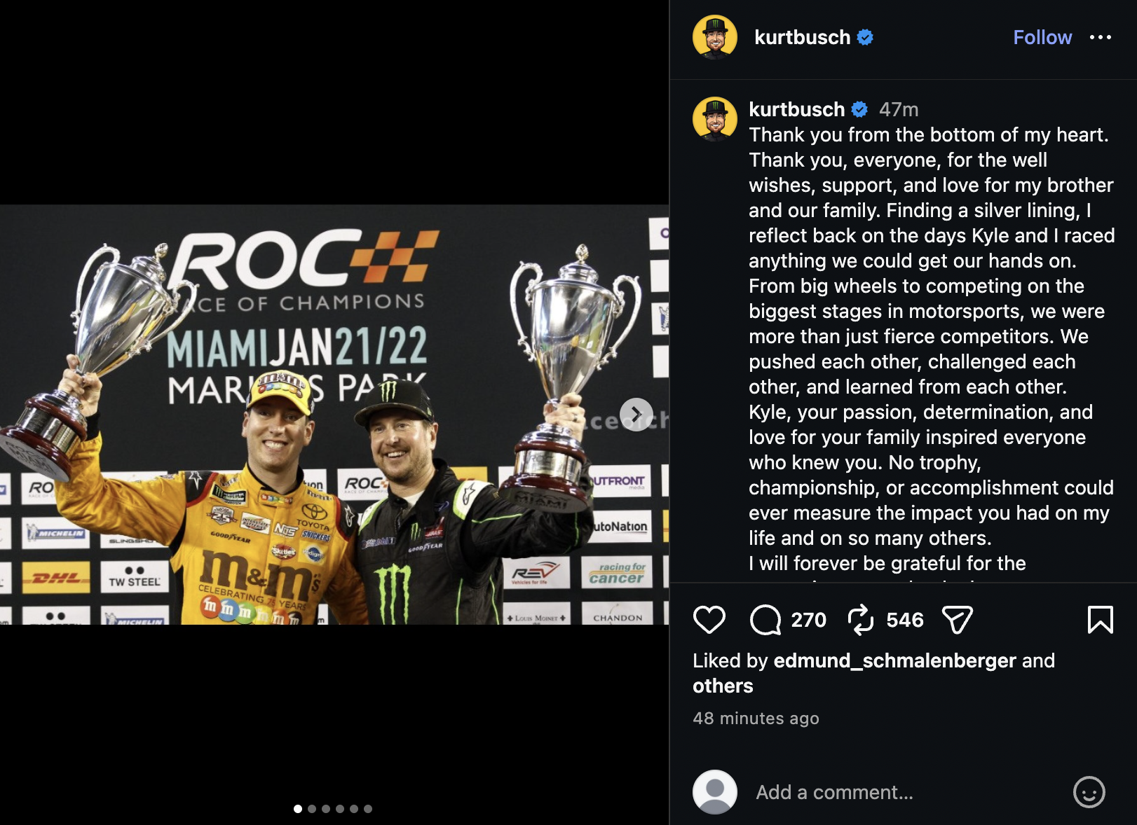 Kurt Busch Shares Emotional Tribute to Brother Kyle Busch: 'My Heart Is Broken'